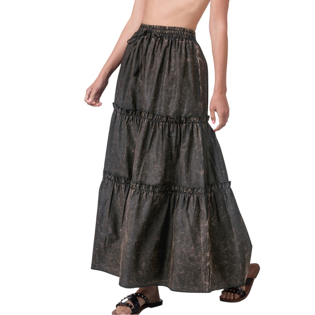 Zenana Outfitters Distressed Acid Wash Black Tiered Maxi Skirt Nwt Size 3x